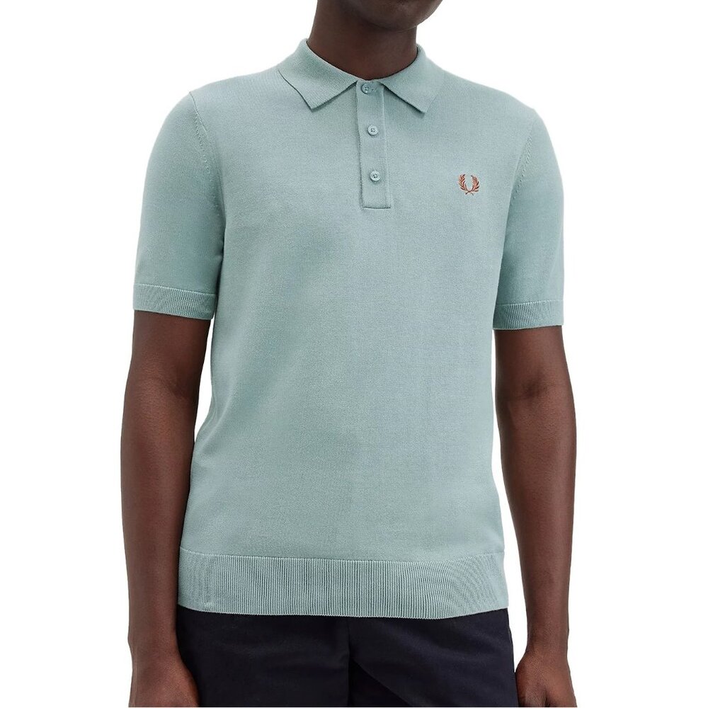 Fred Perry Men's Short Sleeve K9725 Cotton Knitted Solid Polo Shirt Silver Blue